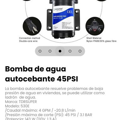 Bomba de agua autocebante 45PSI. Incluye: 1 Filtro de agua roscado , adaptadores 1/2" y 1 rollo de teflon - 3/6