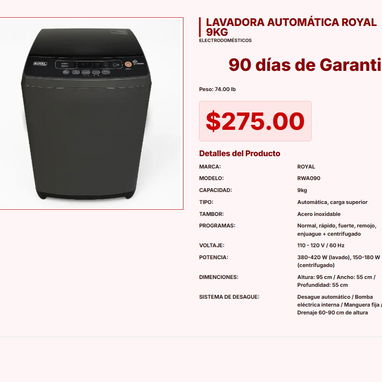 LAVADORA AUTOMÁTICA ROYAL 9KG, LAVADORA AUTOMÁTICA 8 KGS MILEXUS, LAVADORA AUTOMÁTICA 11KG ROYAL - 4/7