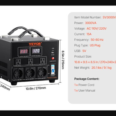 Transformador Convertidor de Voltaje VEVOR 3000W 110V-220V | MENSAJERÍA INCLUIDA - Img 122435524