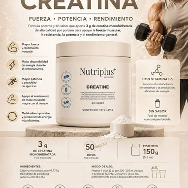 CREATINA NUTRIPLUS 150gr 30 servings Monohidratada (99.97%), Vitamina B6 (0.03%). - Img 125113145