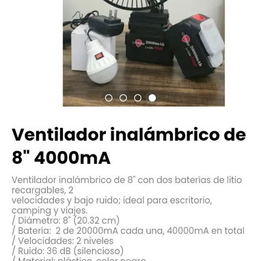 Ventilador inalámbrico de 8" 40 000mA. Batería:  2 de 20 000mA cada una, 40 000mA en total - 4/4