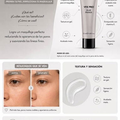Primer Blur VFX PRO 25ml✨Prebase para maquillaje de larga duración✨Ideal: poros visibles,textura irregular,lineas finas - 2/3