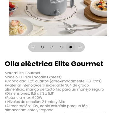 Olla eléctrica Elite Gourmet. Material interior:Acero inoxidable 304 de grado alimenticio, mango de tacto frío - 5/6