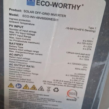 Inversor Eco Worthy 6kw, Split phase, pico de 12kw con respaldo 10 kw, 2 baterías Eco Worthy 51.2v 100ah cubix100, nuevo - 4/6