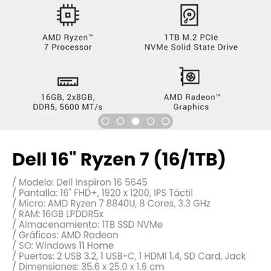 Dell 16" Ryzen 7 (16/1TB). Modelo: Dell Inspiron 16 5645 - Img 121676278