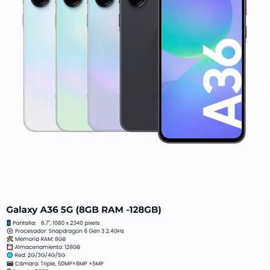SAMSUNG Galaxy A36 5G (6GB RAM -128 GB),  A36 5G (8GB RAM -128GB), A36 5G (8GB RAM -256GB)+ caragdor carga rapida - Img 104915027
