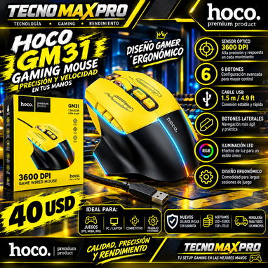 🎮🔥 MOUSE GAMING HOCO GM31 3600 DPI ✅ 6 botones ✅ Cable de 1,5 metros Nuevos Sellados en Caja con Garantía🔥🎮 53321047 - 2/2