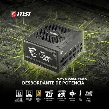 MSI MAG A750GL PCIE5 fuente de alimentación compacta totalmente modular para juegos de 750 W, 80+ Gold, ATX 3.1 - 5/6