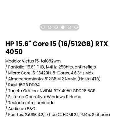 HP 15.6" Core i5 (16/512GB) RTX 4050. / Tarjeta Gráfica: NVIDIA RTX 4050 GDDR6 6GB. Nueva con garantía - Img 108511581