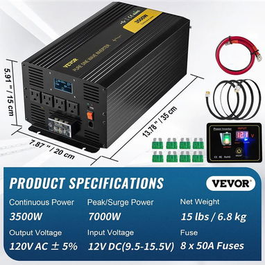 Inversor VEVOR 3500W 7000W Pico Onda Pura 12V a 120V Con Control Remoto Pantalla LCD USB GFCI Para RV Solar Negro - Img 123181181