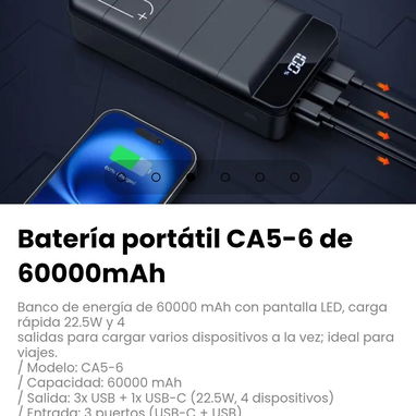 Batería portátil CA5-6 de 60000mAh. Batería: Litio-polímero - 3/6