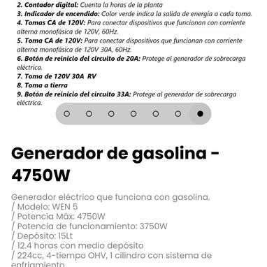 Generador de gasolina - 4750W. Depósito: 15Lt - 7/7