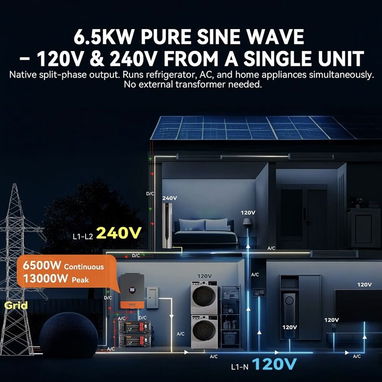 Inversor 6.5 kW PowMr híbrido de 6500W 48 V CC a 120 V/240 Vac de fase dividida Dual MPPT - 6/7