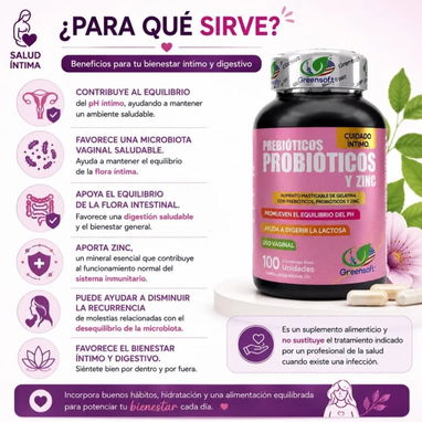 Suplemento Cuidado íntimo Prebióticos Probióticos y Zinc Equilibrio PH y olor vaginal, Microbiota, Bienestar digestivo - 4/7