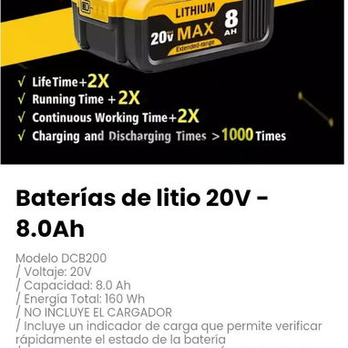 Baterías de litio 20V - 8.0Ah. Modelo DCB200 - 3/5