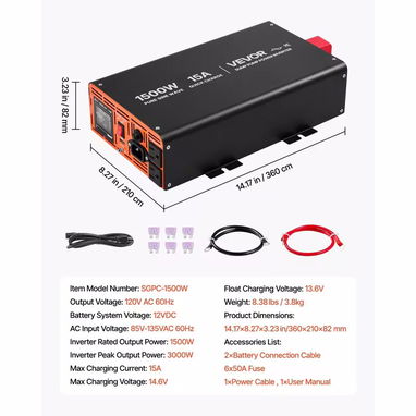 VEVOR Inverter UPS 1500W RMS(3000W pico)+ Cargador 15A 2 en 1 para todas las baterias - Img 115093264