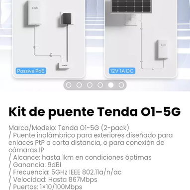 Kit de puente Tenda O1-5G. Incluye 2 inyectores PoE, 2 transformadores y kit para montaje - 4/5