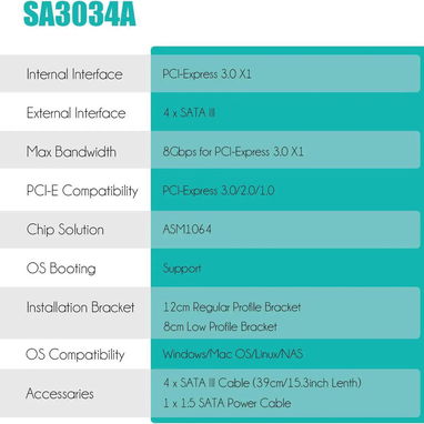 Tarjeta de expansión sata GLOTRENDS para discos SA3034A de 4 puertos PCIe SATA 3.0, incluye cables SATA new 52815418 - Img 117250643