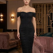 Vestido Midi Drapeado "Off-Shoulder" - Elegancia Atemporal en Negro Talla M, L 25 - Img 55805616