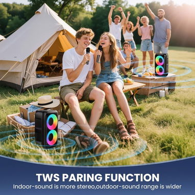 PWBSLAI Altavoz Bluetooth portátil con 2 Micrófonos Inalámbricos - Bocina Altavoz de Fiesta con luces LED 🌐 - Img 127561579