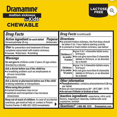 Dimenhidrinato ó Gravinol en tabletas masticables con sabor para niños entre 2 y 12 años de edad caja con 8 unidades - Img 119565113