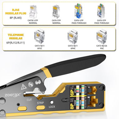 Pinza Ponchadora RJ45 Pass Through ZOERAX NUEVA - Cat6 Cat5e, RJ11 RJ12, Corta, Pela y Poncha, Incluye Pelador Extra - 3/3