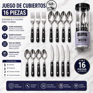 👑Cubiertos Plateado 16 Piezas  ✨Acero Inoxidable ✨Cabo Plástico ✨Porta Cubiertos  🚨Colores Disponibles 🖤Negro 💚Verde - Img 56398680