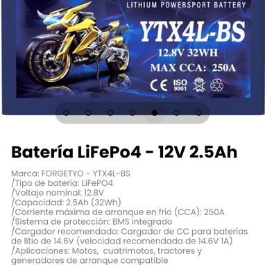Batería LiFePo4 - 12V 2.5Ah. Aplicaciones: Motos,  cuatrimotos, tractores y generadores de arranque compatible - 5/7