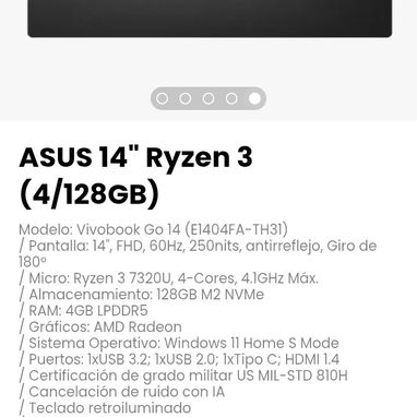ASUS 14" Ryzen 3 (4/128GB). Pantalla: 14", FHD, 60Hz, 250nits, antirreflejo, Giro de 180º - Img 111776115