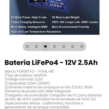 Batería LiFePo4 - 12V 2.5Ah. Aplicaciones: Motos,  cuatrimotos, tractores y generadores de arranque compatible - 3/7