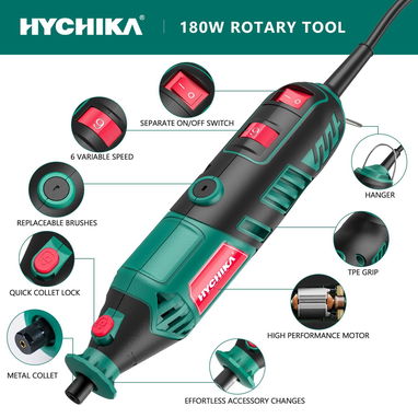Herramienta rotativa tipo DREMEL 'HYCHIKA' 180W (110V/60Hz) KIT 173 PIEZAS 6 VELOCIDADES (10000-35000RPM) NUEVO EN CAJA. - Img 123053786
