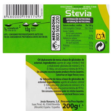 Edulcorante granulado stevia 200g. Media cucharadita sustituye 2 cucharaditas de azúcar. - Img 122162817