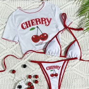 Conjunto playa de bikini + blusa, color blanco con cerezas, talla pequeña S - Img 56707321