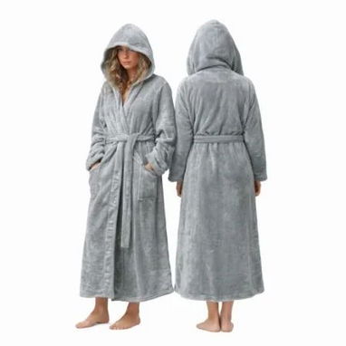 Albornoz Unisex Afelpado Capucha Gris Claro, Bata Gris Claro Afelpada con Cinturón y Bolsillos . - 7/7