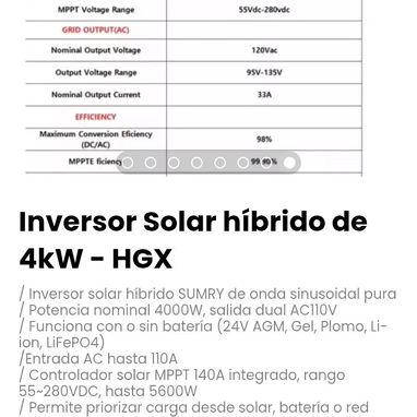 Inversor Solar híbrido de 4kW - HGX. Permite priorizar carga desde solar, batería o red eléctrica - 7/7