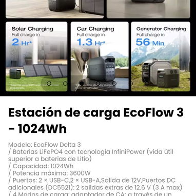 Estación de carga EcoFlow 3 - 1024Wh. Baterías LiFePO4 con tecnología InfiniPower, vida útil superior  baterías de Litio - 3/7
