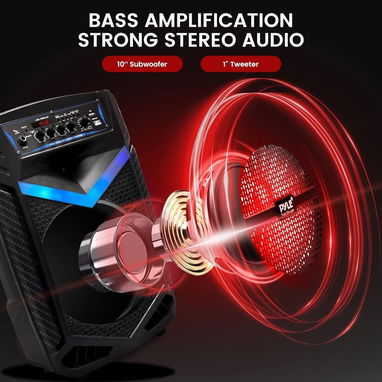 Pyle Altavoz PA Bluetooth Port谩til 600W - Subwoofer 10", Micr贸fono, Grabaci贸n, Luces LED, USB/SD/FM. Bocina 馃寪 - Img 127559217