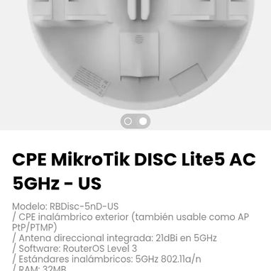 CPE MikroTik DISC Lite5 AC 5GHz - US. Incluye inyector PoE, fuente de alimentación y kit de montaje - Img 119758333