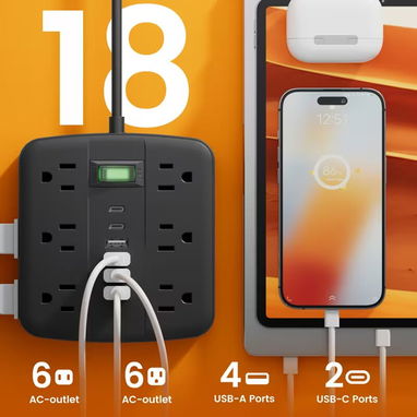 Regleta Eléctrica 18 en 1 con Puertos USB y Tipo-C – 5 Pies - 3/6
