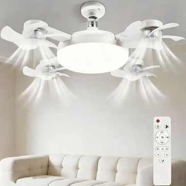 Lámpara con Bombilla,y ventilador de techo atornillada E27 2 en 1 con mando Diseño de 4 cabezales, LED/Diana - 4/7