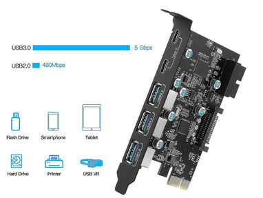 Tarjeta PCI-E a USB 3.0 Tipo C (2), Tipo A (3) de 5 Puertos con Conector de alimentació $50 USD 51748612 - Img main-image