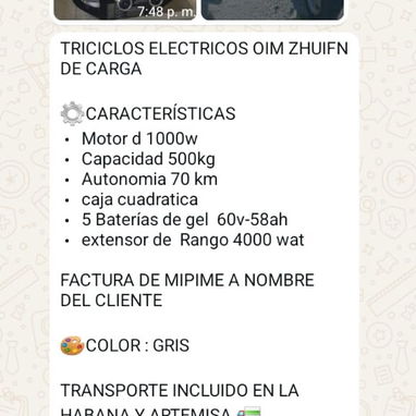 TRICICLOS ELECTRICOS OIM ZHUIFN DE carga $4650 recogida en almacén $4780 entrega Habana y ArtemisaCapacidad 500kg 70 km - Img 123157975