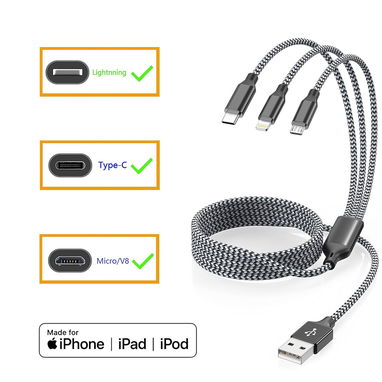 Cable 3 en 1 MFi Certificado 1.2m Nylon Trenzado Para iPhone/Android — SĂşper Resistente EnvĂo + GarantĂa - Img 107988872