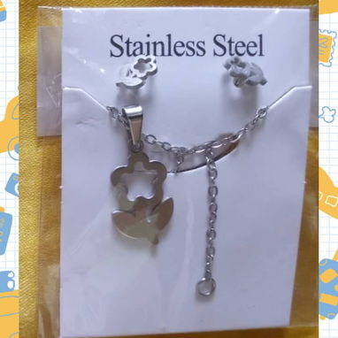 Juego de cadena y aretes p/ mujer plateados de acero inoxidable - 5/9