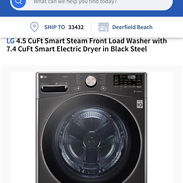 LG 4.5 CuFt smart steam front load washer. 7.4 CuFt smart electric dryer in black steel - Img 56431301