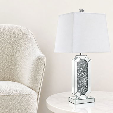 33" mirrored glass faux crystals table lamp with white square shade - 2/3