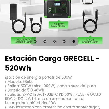 Estación Carga GRECELL - 520Wh Estación de energía portátil de 500W. Modelo: EB500 - 5/5