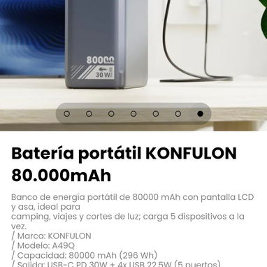 Batería portátil KONFULON 80.000mAh. Capacidad: 80000 mAh (296 Wh) - 6/6