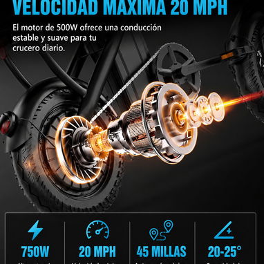 $480 Bicicleta Eléctrica Plegable 750W Pico, 20 MPH, 50km , Batería 48V 10Ah Extraíble - 4/8