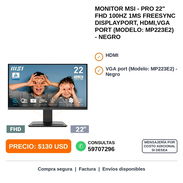 MONITOR MSI PRO 22" FHD 100HZ 1MS FREESYNC DISPLAYPORT HDMI VGA (MODELO MP223E2) NEGRO - Img 58453557